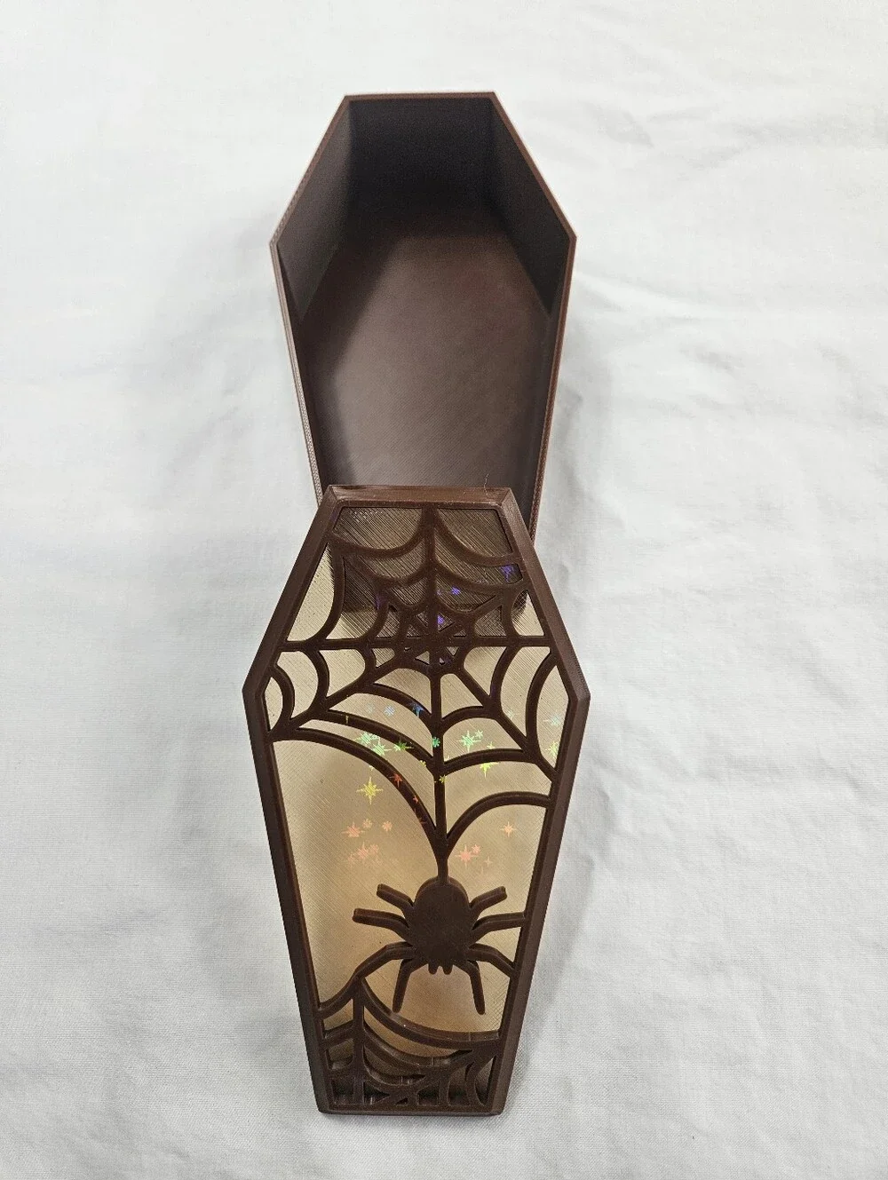 Coffin-Shaped Spider & Web Decorative Box - Brown